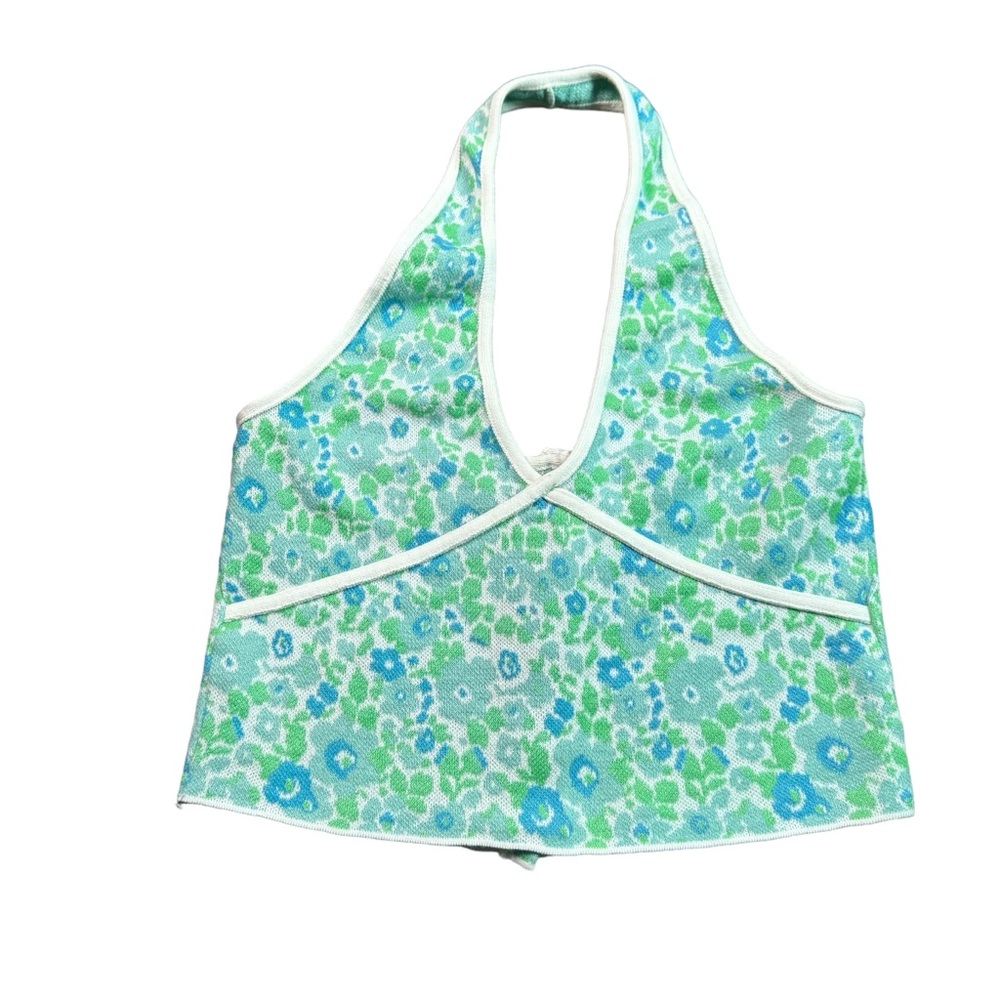 ZARA Blue Green Floral Knit Back Buttons Detail Halter Top size Medium